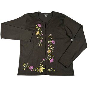 Obee Womens Medium Black Silk Sweater Long Sleeve Cardigan Floral Embroidery